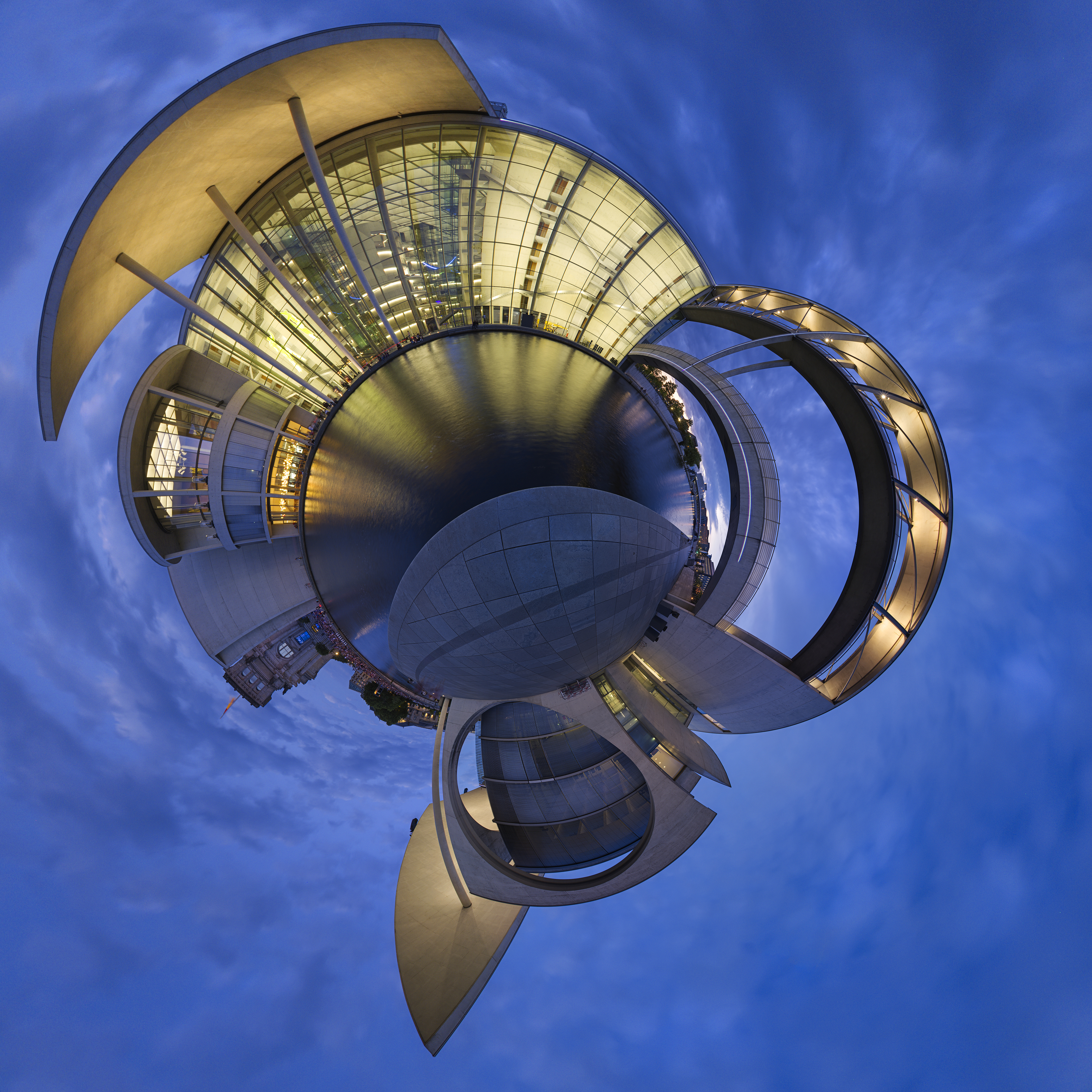 Paul-Löbe-Haus am Spreebogen zur Blauene Stunde in der Darstellung Small Planet, Berlin, Deutschland